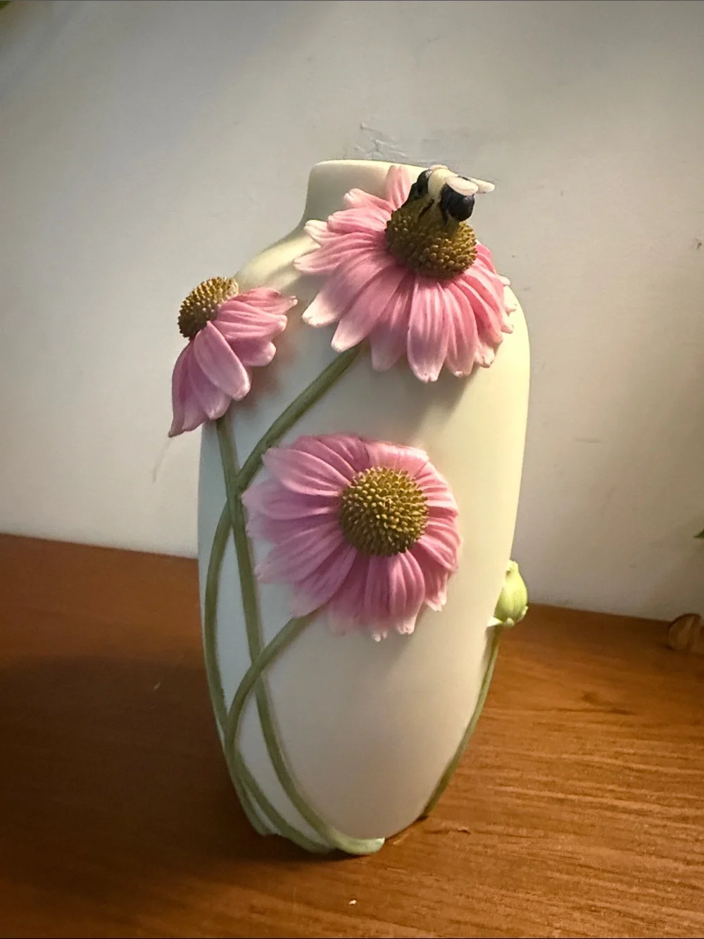 Vintage Pink Floral Porcelain Vase with Raised Coneflower & Bee Design